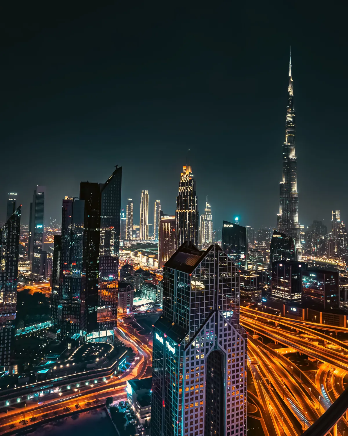 Dubai skyline at night with Burj Khalifa